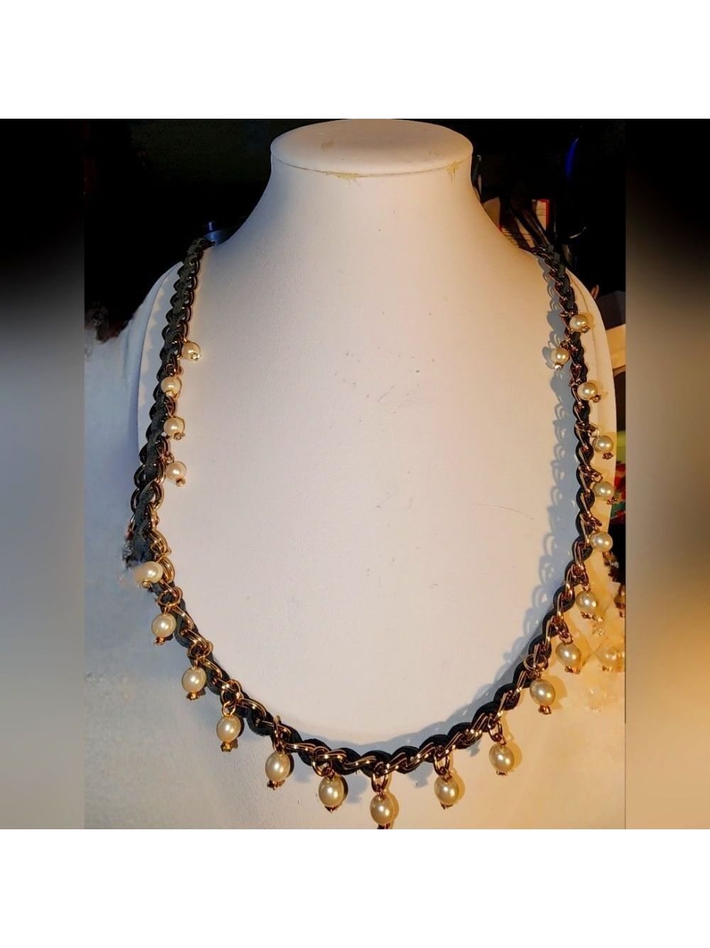 Ann Taylor Goldtone Chain Black Cord & Faux Pearl Necklace 29"